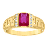 14kt Yellow Gold Womens Pink White Emerald Round Cubic-Zirconia Greek Key Sides Fashion Ring